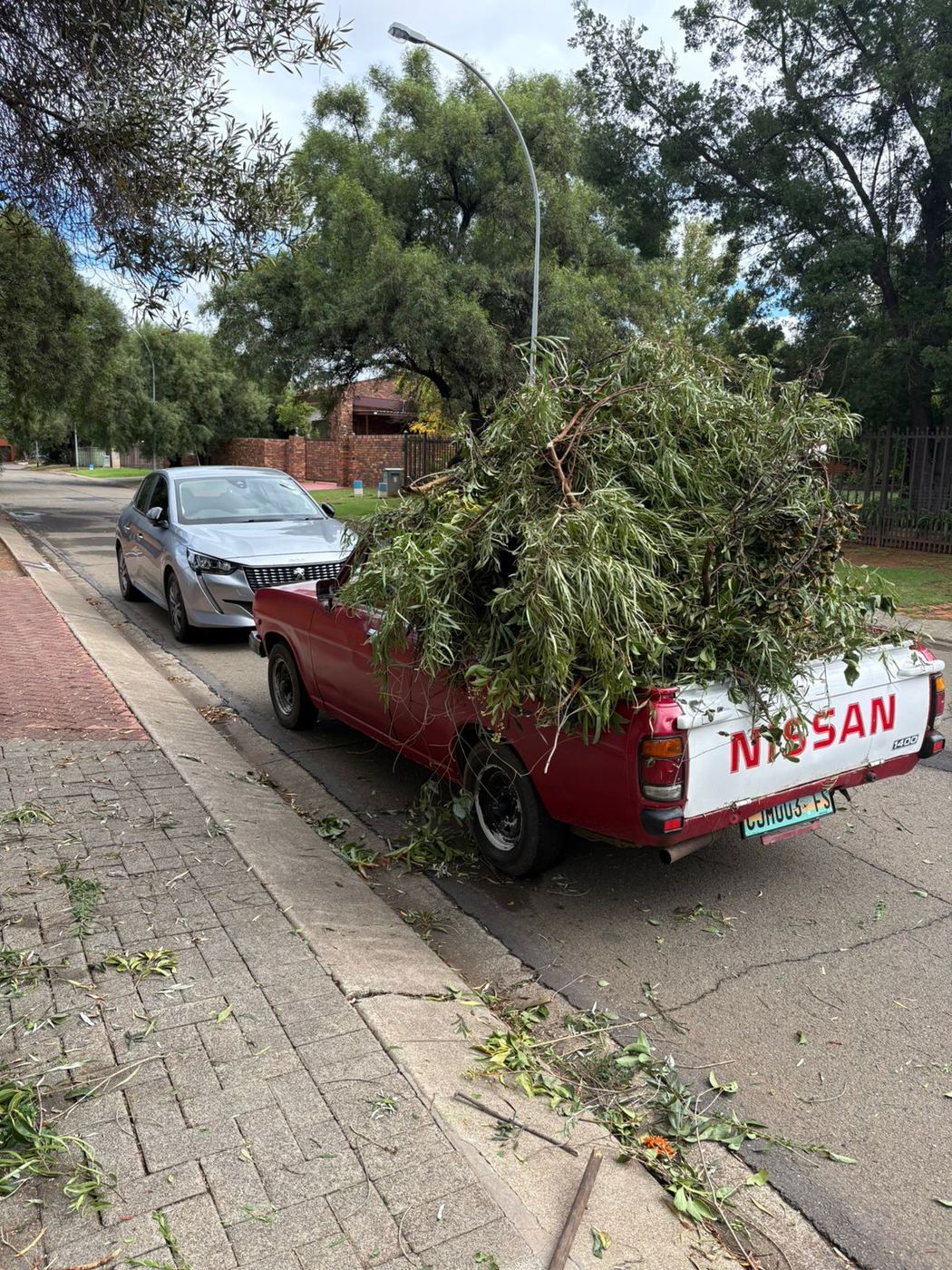 MoveFlex bakkie loaded high with tree branches and green waste on a residential street